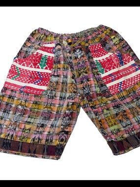 Guatemalan textile patchwork SHORTS  handmade embroidered pockets COLORFUL LARGE